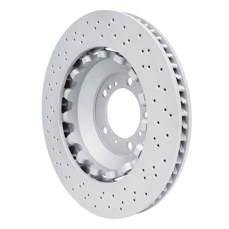Porsche 718 Cayman Brake Rotor (1) - Right Front - R1 Concepts - Hi-Carbon Alloy GEOMET Coated Rotor - Drilled - `16-`23